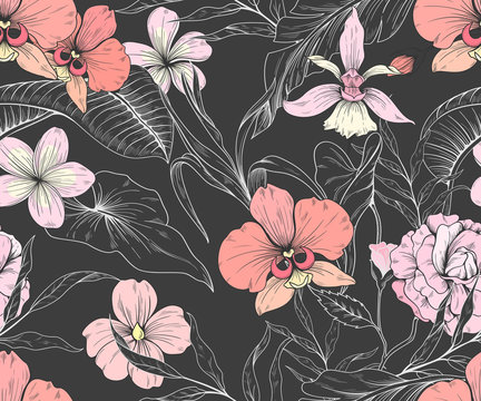 Seamless Pattern With Pink Tropical Flowers
