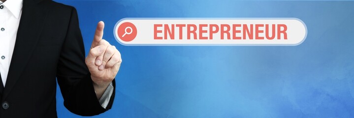 Entrepreneur. Lawyer in suit points with his finger to a search box. The term Entrepreneur is in...