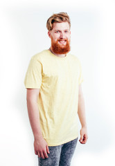 Fototapeta premium portrait of young bearded hipster guy smiling on white background closeup isolated, lifestyle people concept