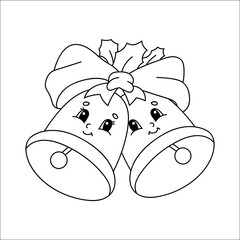 Coloring book for kids. Christmas bells with holly leaves and bow. Cartoon character. Vector illustration. Black contour silhouette. Isolated on white background.