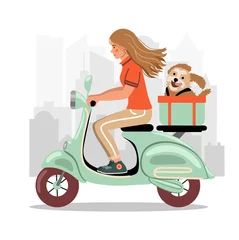 Foto op Plexiglas Female scooter driver with a dog in a basket on the city background. Woman driver character riding moped. Vector illustration in flat style. © Natalya Manycheva