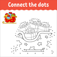 Dot to dot game. Draw a line. Christmas sleigh santa claus with gifts. For kids. Activity worksheet. Coloring book. With answer. Cartoon character.