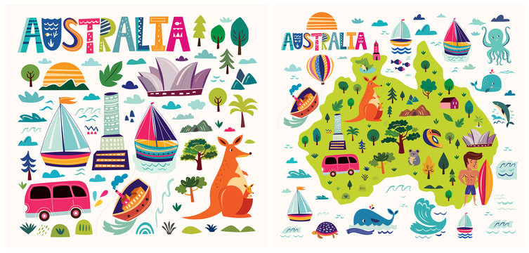 Australia collection with Australia map, animals, symbols, architecture Of Sydney