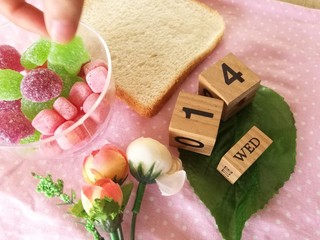 free time with bread jelly and flower