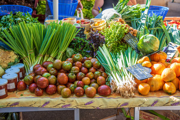 Aups, France - July  27, 2018 : Stall of fruit and vegetables on a market, France, Provence,summer