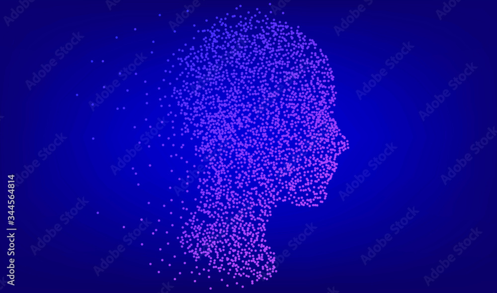 Aufkleber Silhouette of a human head made of dots and particles. Conceptual image of AI (artificial intelligence), VR (virtual reality), Deep Learning and Face recognition systems.