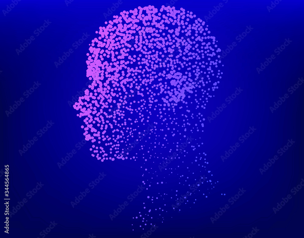 Aufkleber Silhouette of a human head made of dots and particles. Conceptual image of AI (artificial intelligence), VR (virtual reality), Deep Learning and Face recognition systems.