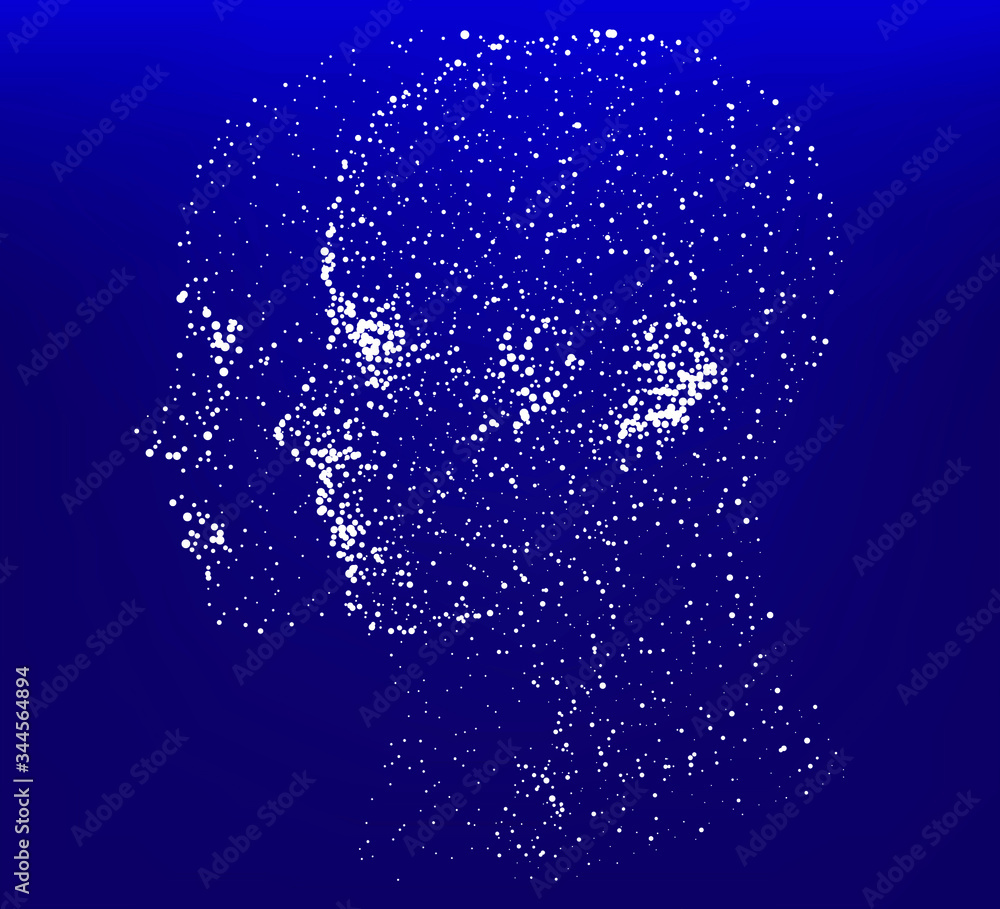 Poster Silhouette of a human head made of dots and particles. Conceptual image of AI (artificial intelligence), VR (virtual reality), Deep Learning and Face recognition systems.