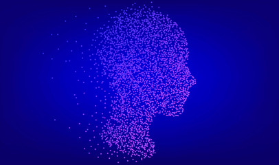 Silhouette of a human head made of dots and particles. Conceptual image of AI (artificial intelligence), VR (virtual reality), Deep Learning and Face recognition systems.