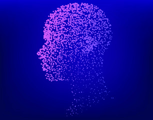 Silhouette of a human head made of dots and particles. Conceptual image of AI (artificial intelligence), VR (virtual reality), Deep Learning and Face recognition systems.