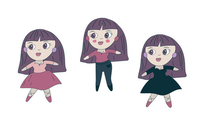 Girls stickers. Set of cute characters of girls with dark hair in a dress, skirt and jeans. Hand drawn doodle cartoon style.Isolated objects on a white background.