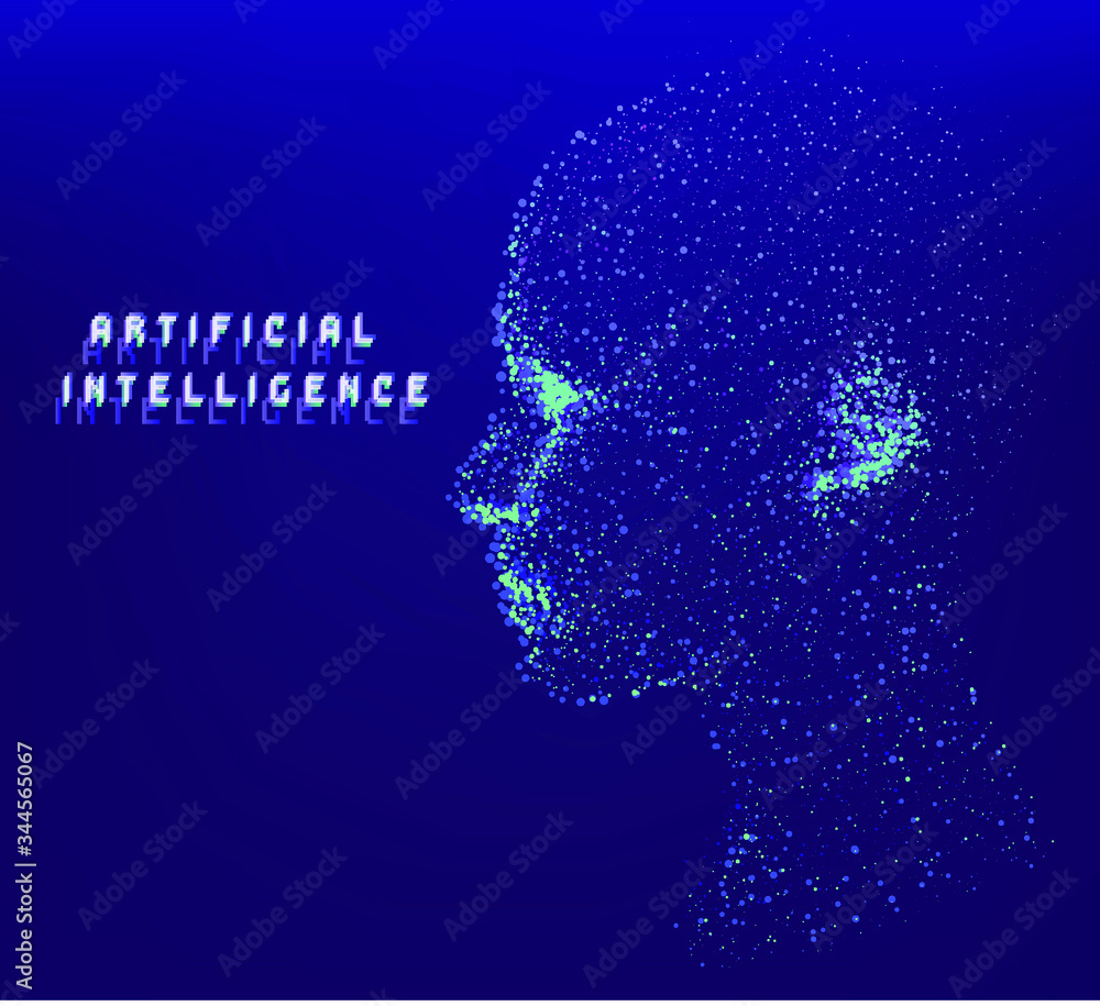 Fototapete Silhouette of a human head made of dots and particles. Conceptual image of AI (artificial intelligence), VR (virtual reality), Deep Learning and Face recognition systems.