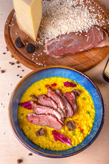 restaurant dish on a plate and ingredients that it includes