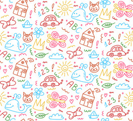 Childlike doodle drawings colorful seamless vector pattern