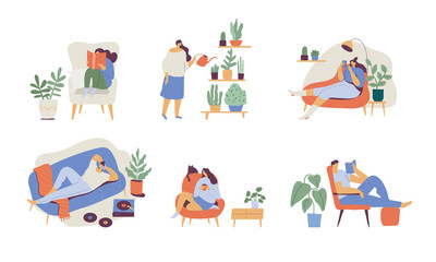 People spending time at home flat  vector illustration. Relaxing at home, leisure time
