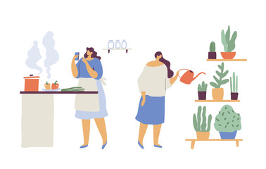 Woman cooking in the kitchen, watering flowers flat  vector illustration. Housewife