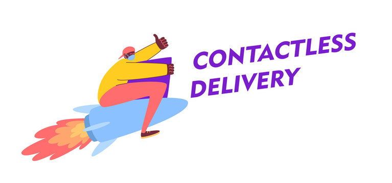 Contactless delivery concept. A courier in a cap sits on a blue rocket holding a purple box. Express delivery. Vector stock illustration. Shopping online.