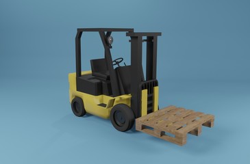 Industrial forklift truck with pallet on blue background. 3D rendering image