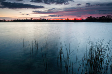 Sunset colors reflected in the surface of a lake with shoreline vegetation.