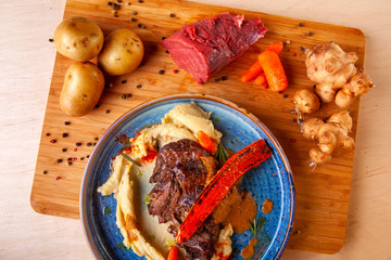restaurant dish on a plate and ingredients that it includes