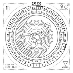 Scorpio zodiacal coloring book with caledar of year 2020