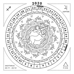 Sagittarius zodiacal coloring book with caledar of year 2020