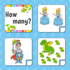 Fototapeta premium Counting game for children. Happy characters. Learning mathematics. How many object in the picture. Education worksheet. With space for answers. Isolated vector illustration in cute cartoon style.