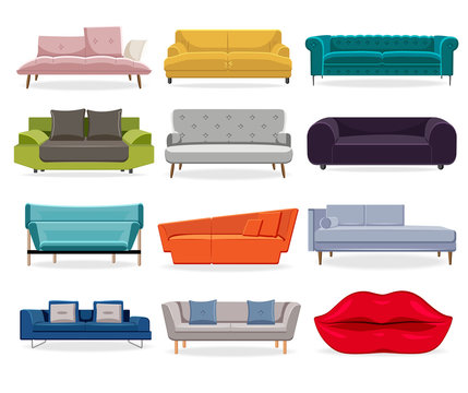 Sofa isolated. Comfort classic couch and modern divan for living room. Vector sofa flat illustration set with cozy couch. Comfortable home furniture on white background. Isolated sofa in shape of lips