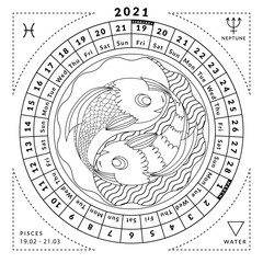 Pisces zodiacal coloring book with caledar of year 2020