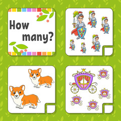 Counting game for children. Happy characters. Learning mathematics. How many object in the picture. Education worksheet. With space for answers. Isolated vector illustration in cute cartoon style.