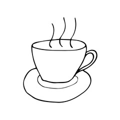 A cup of hot tea, coffee, with steam. Vector doodle drawing.