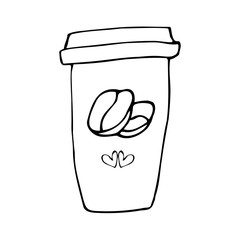 Cup for coffee on a white background. Paper glass. Coffee beans and two hearts are written on a cup, a glass. The love of coffee. Coffee in a glass. Vector illustration Vector.