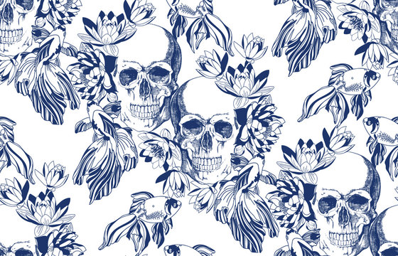 Vintage blue skull with goldfish and flowers seamless pattern