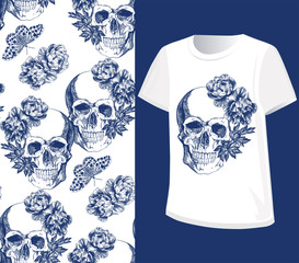 Vintage blue skull with flowers and butterflies seamless pattern