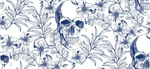 Vintage blauwe schedel met bloemen naadloos patroon