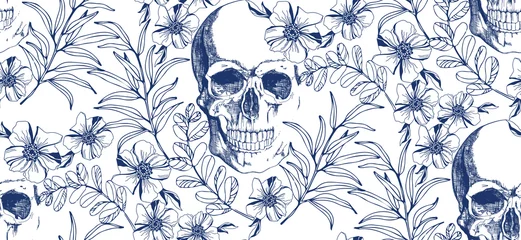Fototapete Menschlicher Schädel in Blumen Blauer Schädel der Weinlese mit nahtlosem Muster der Blumen