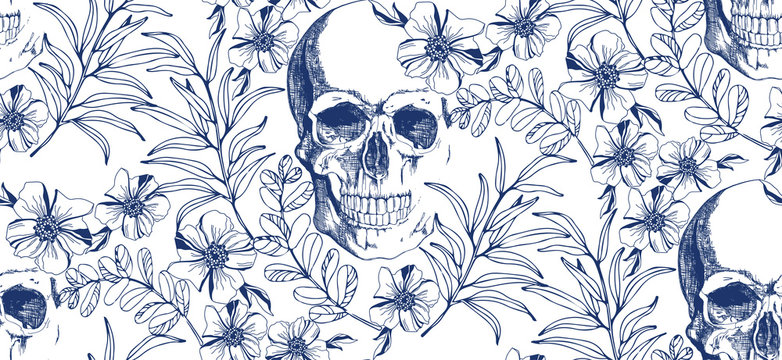 Vintage blue skull with flowers seamless pattern