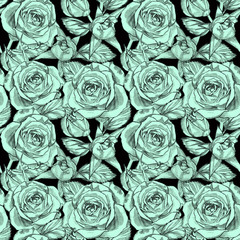 Creative composition with flowers. Green roses on a black background. Pattern for fabric and wallpaper.