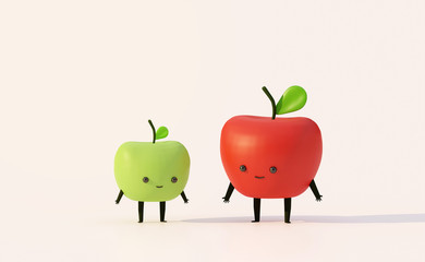 red apple with green apple cute cartoon character  on white background.,3d render illustration.