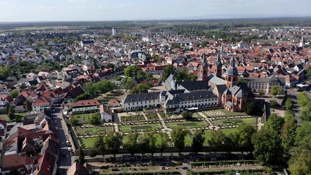 Aerial view; Flight at Convent garden with St. Marcellinus and Petrus basilica, former Benedictine abbey Seligenstadt, Hesse, Germany,