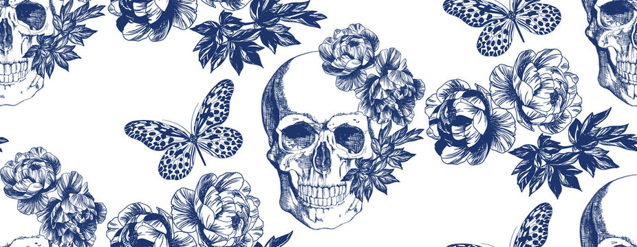 Vintage blue skull with flowers and butterflies seamless pattern