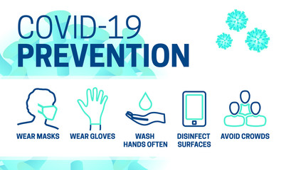 Coronavirus Prevention Wear Masks, Gloves, Wash Hands, Disinfect, Avoid Crowds Illustration