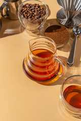 Pour over coffee brewing method, homemade coffee filter cooking utensils, copy space