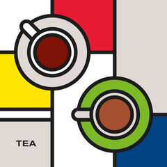 Two tea cups with saucers. Black and green tea. Modern style art with rectangular colour blocks. Piet Mondrian style pattern.