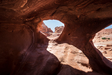 View from the cave of the tombs and landscapes of the city of Petra in Jordan