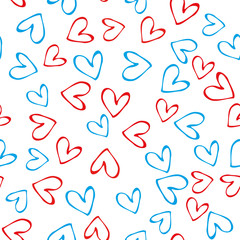 Pattern of blue and pink hearts. Seamless pattern on a white background. Male and female hearts, love. Vector illustration
