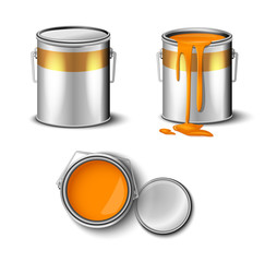 set of paint can orange color  top and side view. packaging mockup template 
