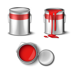 set of paint can red color  top and side view. packaging mockup template 
