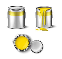 set of paint can yellow color  top and side view. packaging mockup template 
