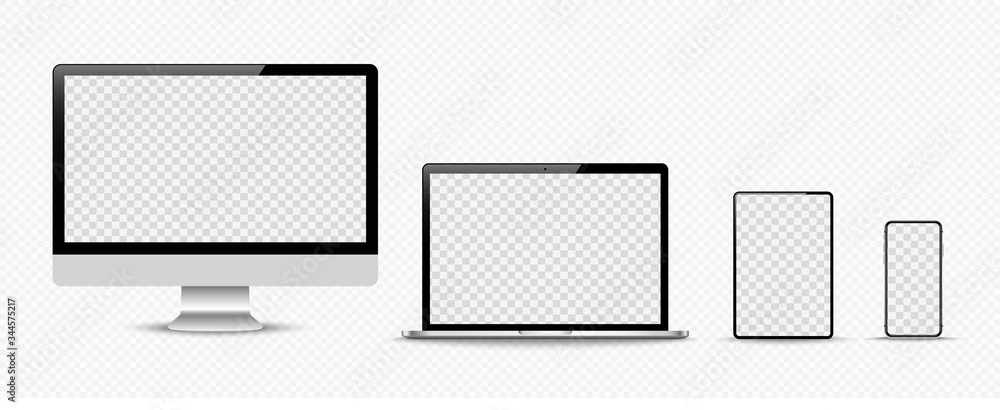 Poster set of compute, laptop, smartphone with empty screens. design on transparent background. . vector il